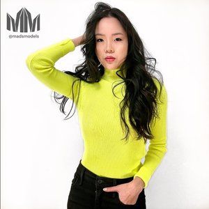 Maje l Malanga Fluorescent Yellow Long Sleeve Ribbed Turtle Neck Sweater